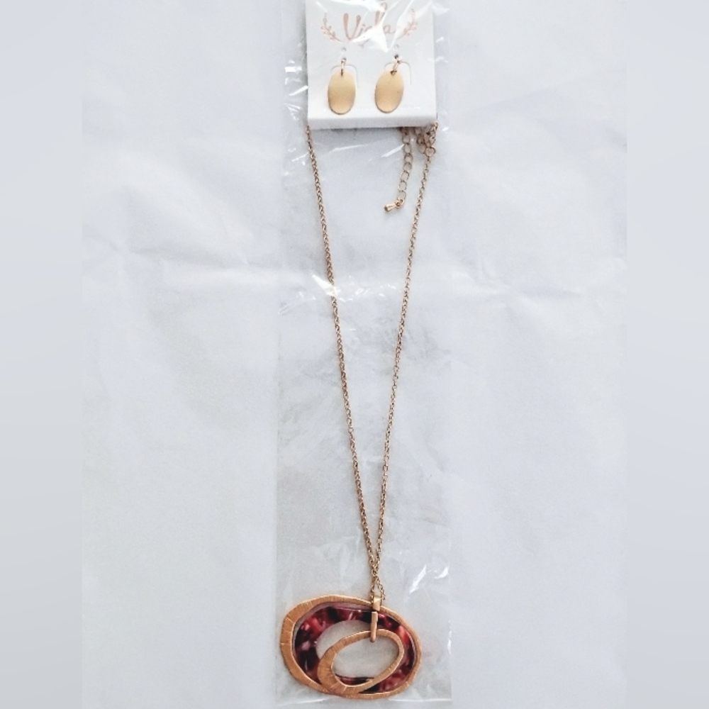 Gold-Tone Pink Pendant Necklace and Earring Set